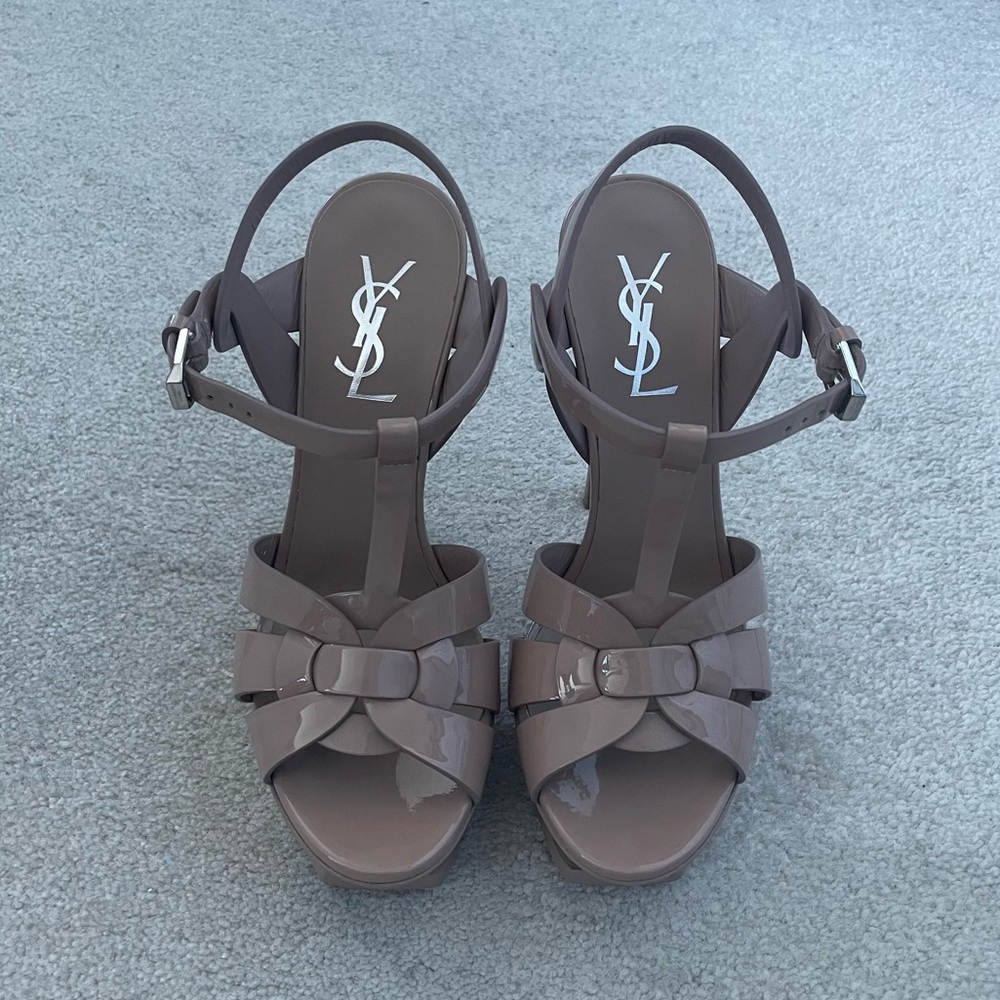 YSL Saint Laurent Dark Pink Nude Patent Leather Tribute Platform Sandal Heels 36